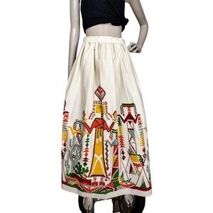 Vintage 70s Does 50s Aztec Southwestern Folk Art Full High-Waist Maxi Skirt NEW